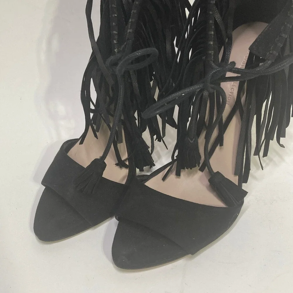 Zara Basic‎ Collection Black Suede Fringe Tassel Lace Up Stiletto Heels Size 38